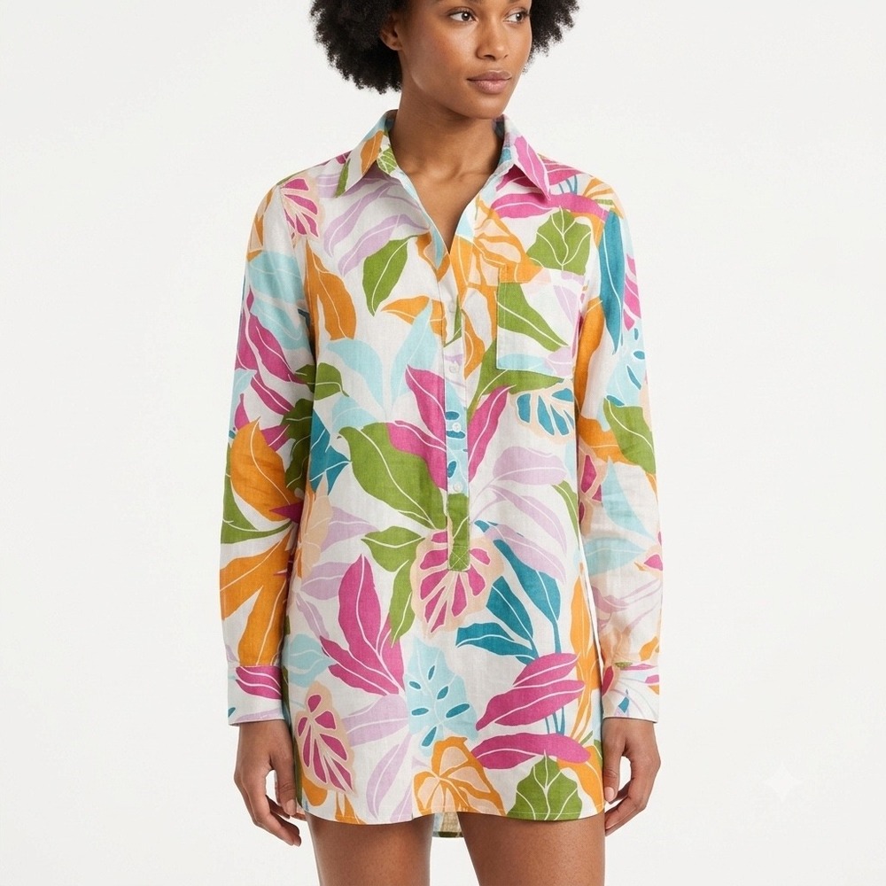 True Destinations Tunic Women XS Multicolor Tropical Leaf 100%Cotton Gauze Shirt